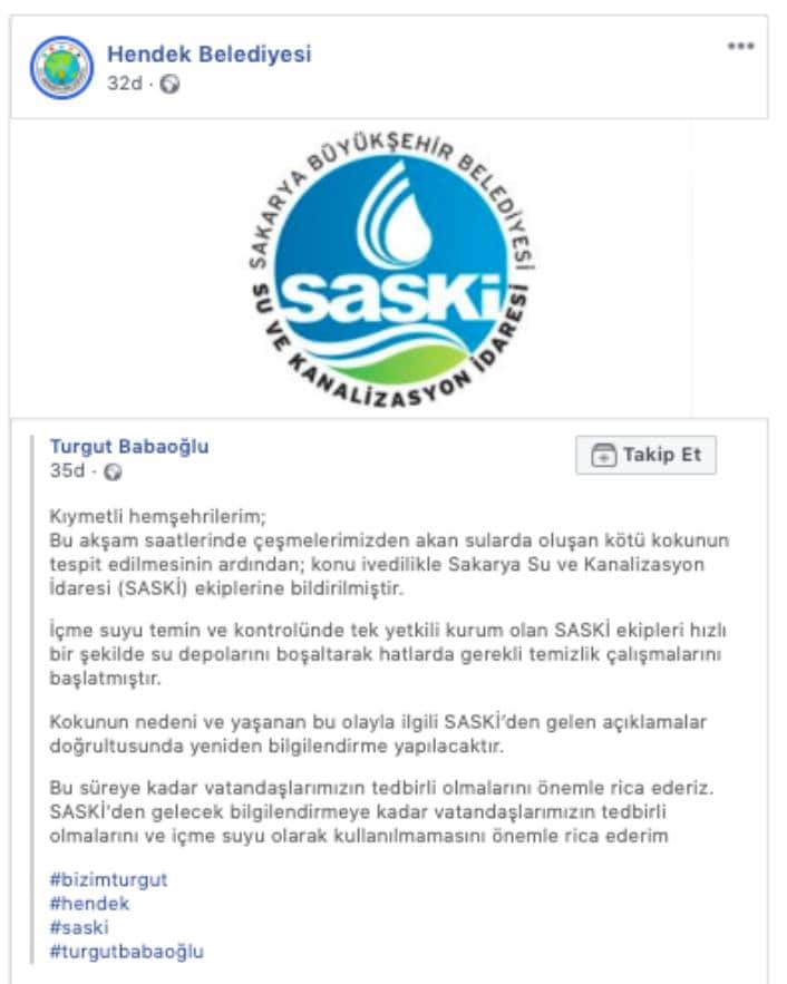 Başkan Turgut Bababoğlu ve Hendek Belediyesi Sosyal Hesaplarından yapılan açıklama bu şekilde
